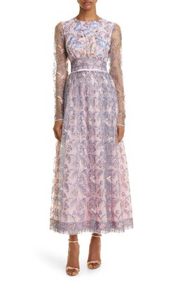 Giambattista Valli Floral Embroidered Long Sleeve Gown in Light Blue/Rose