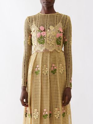 Giambattista Valli - Floral-embroidered Macramé Crop Top - Womens - Gold Multi