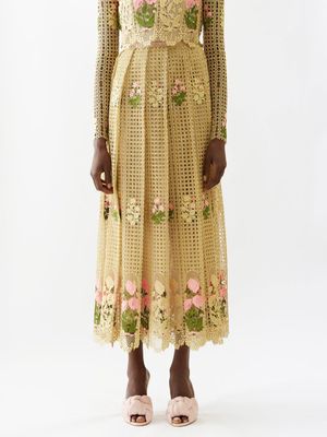 Giambattista Valli - Floral-embroidered Macramé Midi Skirt - Womens - Gold Multi