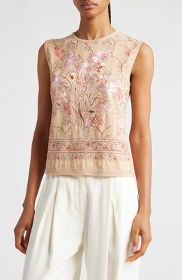 Giambattista Valli Floral Embroidered Sleeveless Cashmere & Silk Sweater in Camel Multi