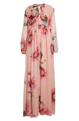 Giambattista Valli Floral Long Sleeve Keyhole Cutout Bow Detail Silk Dress in Rose/Multi