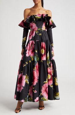 Giambattista Valli Floral Off the Shoulder Long Sleeve Cotton Dress in Black/Rose