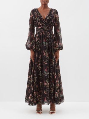 Giambattista Valli - Floral-print Gathered Silk-georgette Maxi Dress - Womens - Black Multi