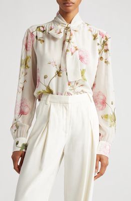 Giambattista Valli Floral Print Tie Neck Silk Georgette Blouse in Ivory/Multi
