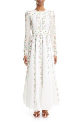 Giambattista Valli Flower Branch Print Long Sleeve Silk Georgette Dress in White/Rose P015