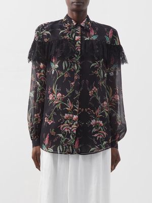 Giambattista Valli - Lace-trim Floral-print Silk-georgette Blouse - Womens - Black Multi