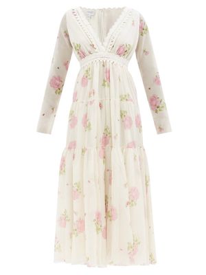 Giambattista Valli - Lace-trim Floral Silk-georgette Midi Dress - Womens - Ivory Multi