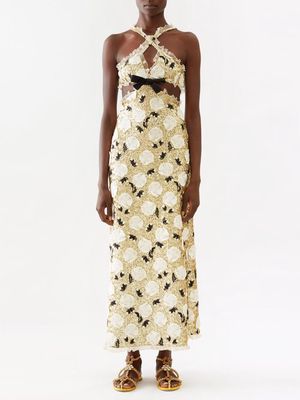 Giambattista Valli - Rose-embroidered Sequinned-tulle Midi Dress - Womens - White Gold Multi