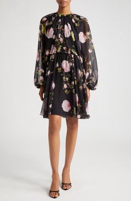 Giambattista Valli Rose Print Long Sleeve Silk Chiffon Dress in Black/Rose