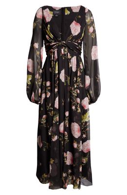 Giambattista Valli Rose Print Long Sleeve Silk Georgette Dress in Black/Rose