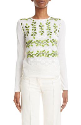 Giambattista Valli Trellis Embroidered Crewneck Cashmere & Silk Sweater in Ivory