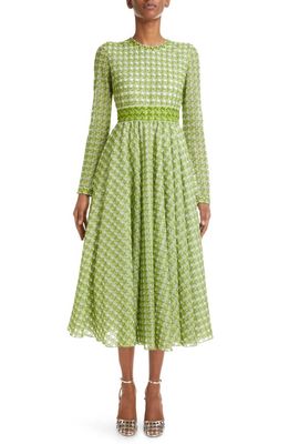 Giambattista Valli Trellis Embroidered Macramé Trim Long Sleeve Fit & Flare Midi Dress in Green/Ivory