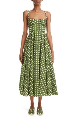 Giambattista Valli Trellis Print Bustier Cotton Poplin A-Line Dress in Green/Ivory