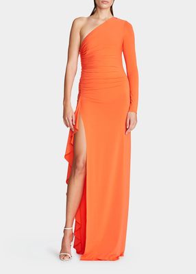 Giana One-Shoulder Ruched Ruffle Thigh-Slit Gown