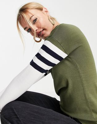 Gianni Feraud color block striped sleeve sweater in khaki-Green
