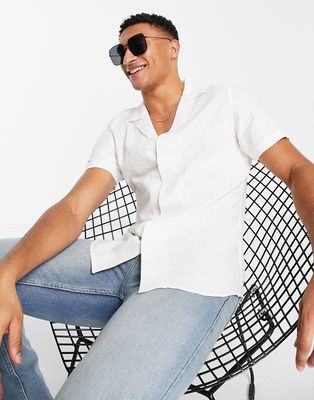 Gianni Feraud linen short sleeve camp collar slim fit shirt-White