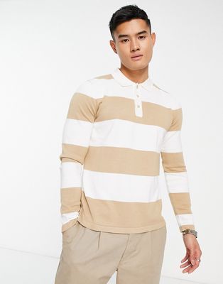 Gianni Feraud long sleeve knit polo top in beige and white stripe-Multi