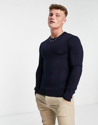 Gianni Feraud premium muscle fit stretch crew neck fine gauge sweater in navy