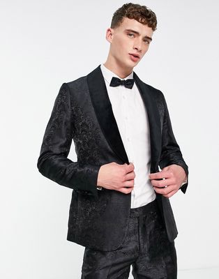 Gianni Feraud skinny paisley suit jacket with velvet lapel in black