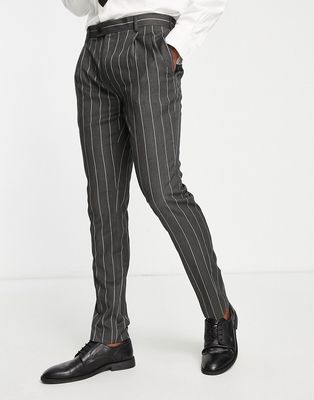 Gianni Feraud skinny pleasted suit pants in gray stripe