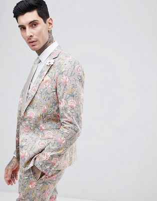 Gianni Feraud Wedding Skinny Fit Linen Blend Floral Suit Jacket-Neutral