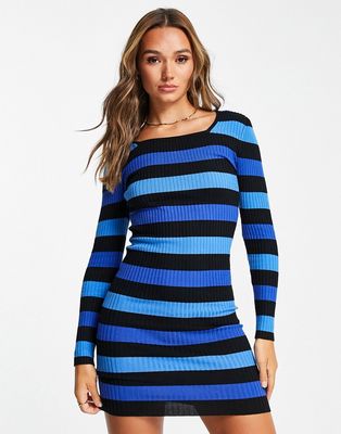 Gianni Feraud wide stripe long sleeve midi dress in blue