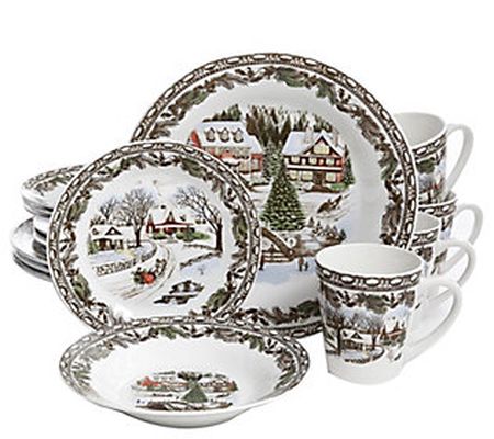 Gibson Home Christmas Toile 16-Piece Dinnerware Set