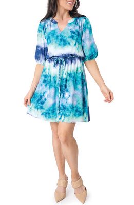 GIBSONLOOK Belted Elbow Sleeve Dress in Watercolor Lake Print