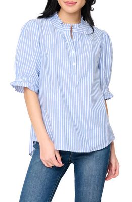 GIBSONLOOK Dianthus Puff Sleeve Henley Shirt in French Blue/White Stripe
