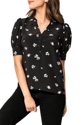 GIBSONLOOK Floral Print Woven Henley Blouse in Black Floral