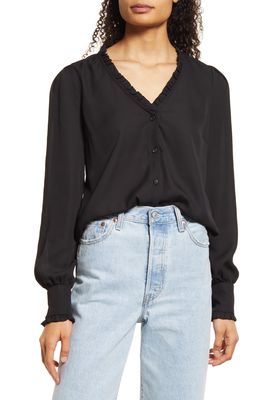 GIBSONLOOK Frill Detail V-Neck Button-Up Blouse in Black