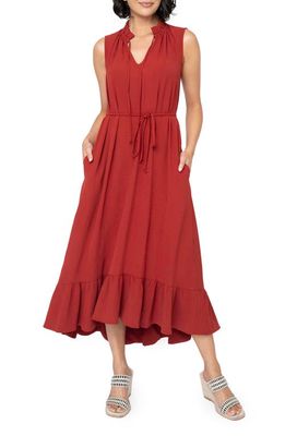 GIBSONLOOK Sienna Split Neck Tie Waist Ruffle Hem High-Low Dress in Rust
