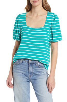 GIBSONLOOK Stripe Puff Sleeve Square Neck T-Shirt in Jade/Ivory Stripe