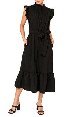 GIBSONLOOK Textured Smocked Ruffle Midi Dress in Black