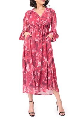 GIBSONLOOK The Blissful Floral Print Tie Waist Long Sleeve Maxi Dress in Roseberry Red Floral