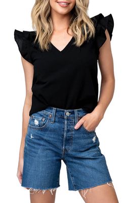 GIBSONLOOK V-Neck Ruffle Sleeve Stretch Cotton T-Shirt in Black
