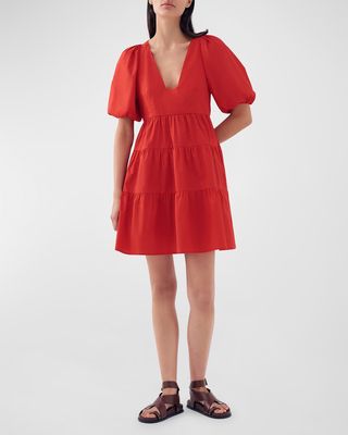 Gigi Puff-Sleeve Tiered Poplin Mini Dress