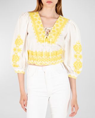 Gina Embroidered Lace-Up Linen Blouse