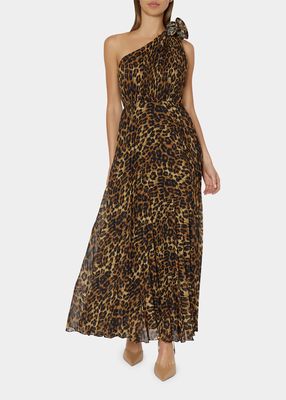 Gina Pleated Leopard-Print One-Shoulder Gown