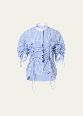 Gingham Stand Collar Ruched Blouse