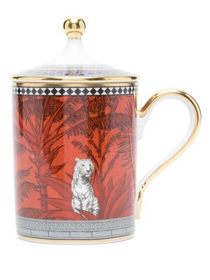 GINORI 1735 printed ceramic mug with lid - Red