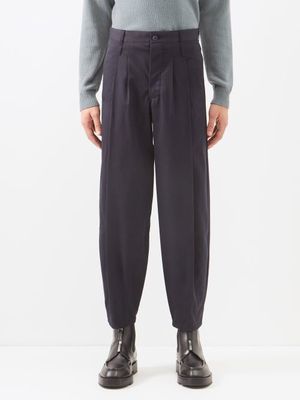 Giorgio Armani - Cropped Pleated Cotton Trousers - Mens - Navy