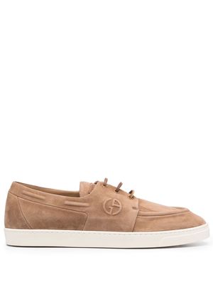 Giorgio Armani embossed-logo suede boat shoes - Brown