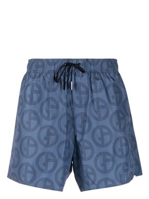 Giorgio Armani monogram-print swim shorts - Blue