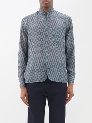 Giorgio Armani - Stand-collar Block-print Silk Shirt - Mens - Green Multi
