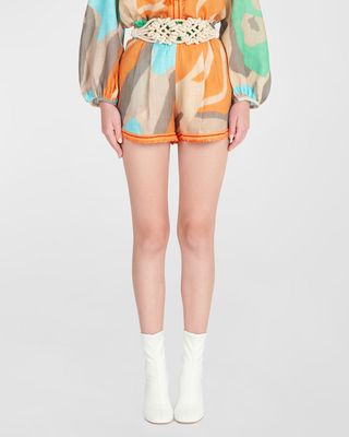 Giorgio High-Rise Abstract-Print Linen Pull-On Shorts