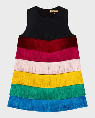 Girl Taffeta Multicolor Fringe Dress, Size 4-14