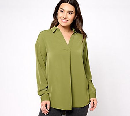 Girl With Curves Faux Silk Collared Hi-Low Hem Blouse