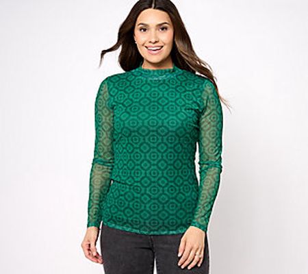 Girl With Curves Printed Knit Mesh Long Sleeve Mock Neck Top
