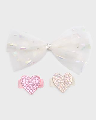 Girl's 3-Piece Multi-Layer Embellished Bow and Heart Clips Set